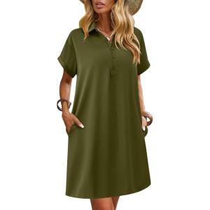 imageHOTOUCH Womens Summer Shirt Dress Short Sleeve Floral Shift Dress Casual Loose Flowy Beach Sundress with PocketsA04army Green