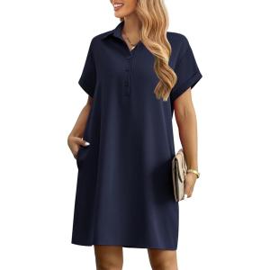 imageHOTOUCH Womens Summer Shirt Dress Short Sleeve Floral Shift Dress Casual Loose Flowy Beach Sundress with PocketsA05navy Blue