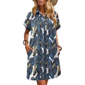 imageHOTOUCH Womens Summer Shirt Dress Short Sleeve Floral Shift Dress Casual Loose Flowy Beach Sundress with PocketsWhite Blue Leaves