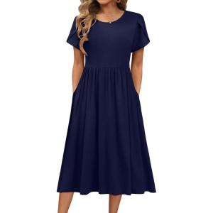 imageHOTOUCH Womens Summer Short Sleeve ALine Midi Dresses Casual Floral TShirt Dress Flowy Beach Sundress with PocketsSolid Blue