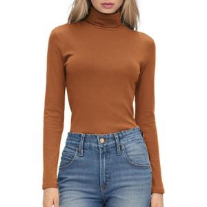 imageHOTOUCH Womens Turtleneck Long Sleeve Shirts Casual Basic T Shirts Lightweight Base Layer Solid Slim Fit TopsLight Brown