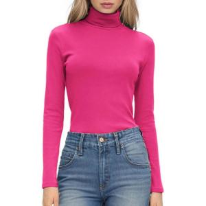 imageHOTOUCH Womens Turtleneck Long Sleeve Shirts Casual Basic T Shirts Lightweight Base Layer Solid Slim Fit TopsRose Red
