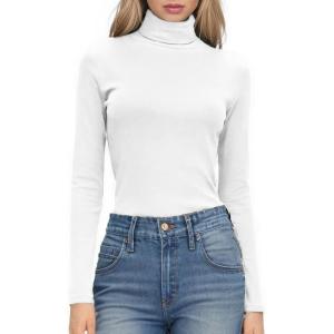 imageHOTOUCH Womens Turtleneck Long Sleeve Shirts Casual Basic T Shirts Lightweight Base Layer Solid Slim Fit TopsWhite