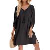 imageHOTOUCH Women Casual Beach Summer Dress Boho Tassel Tie Neck 34 Long Sleeve Short Floral Print Flowy Cover Up SundressesSolid Black