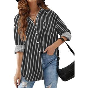 imageHOTOUCH Women Oversized Button Down Shirts Office Drop Shoulder Blouse Long Sleeve Boyfriend Dress Shirt with PocketsBlack Striped