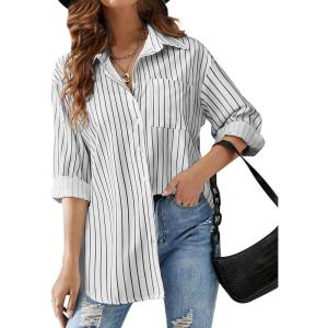 imageHOTOUCH Women Oversized Button Down Shirts Office Drop Shoulder Blouse Long Sleeve Boyfriend Dress Shirt with PocketsBlack and White