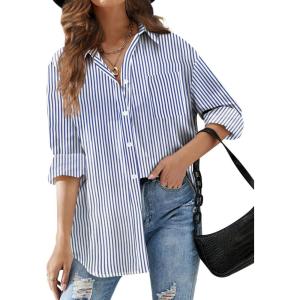 imageHOTOUCH Women Oversized Button Down Shirts Office Drop Shoulder Blouse Long Sleeve Boyfriend Dress Shirt with PocketsBlue Pinstripe