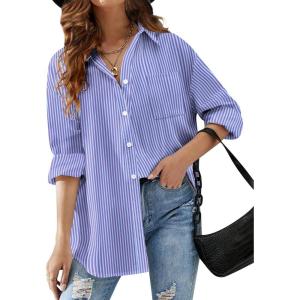 imageHOTOUCH Women Oversized Button Down Shirts Office Drop Shoulder Blouse Long Sleeve Boyfriend Dress Shirt with PocketsBlue and Purple