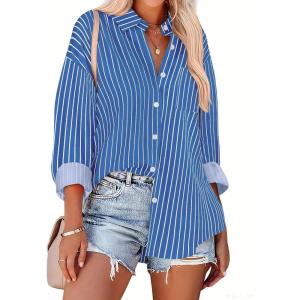 imageHOTOUCH Women Oversized Button Down Shirts Office Drop Shoulder Blouse Long Sleeve Boyfriend Dress Shirt with PocketsBlue and White