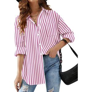 imageHOTOUCH Women Oversized Button Down Shirts Office Drop Shoulder Blouse Long Sleeve Boyfriend Dress Shirt with PocketsFuchsia Striped