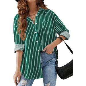 imageHOTOUCH Women Oversized Button Down Shirts Office Drop Shoulder Blouse Long Sleeve Boyfriend Dress Shirt with PocketsGreen Striped