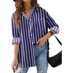 imageHOTOUCH Women Oversized Button Down Shirts Office Drop Shoulder Blouse Long Sleeve Boyfriend Dress Shirt with PocketsNavy Broadstripe
