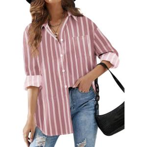 imageHOTOUCH Women Oversized Button Down Shirts Office Drop Shoulder Blouse Long Sleeve Boyfriend Dress Shirt with PocketsPink Broadstripe