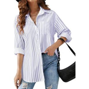 imageHOTOUCH Women Oversized Button Down Shirts Office Drop Shoulder Blouse Long Sleeve Boyfriend Dress Shirt with PocketsPurple Striped