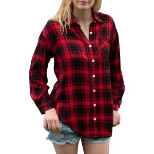imageHOTOUCH Women Oversized Button Down Shirts Office Drop Shoulder Blouse Long Sleeve Boyfriend Dress Shirt with PocketsRed and Black Plaid