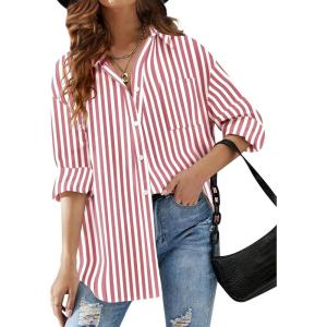 imageHOTOUCH Women Oversized Button Down Shirts Office Drop Shoulder Blouse Long Sleeve Boyfriend Dress Shirt with PocketsWatermelon Striped