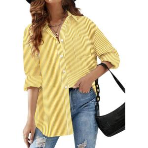 imageHOTOUCH Women Oversized Button Down Shirts Office Drop Shoulder Blouse Long Sleeve Boyfriend Dress Shirt with PocketsYellow Pinstripe