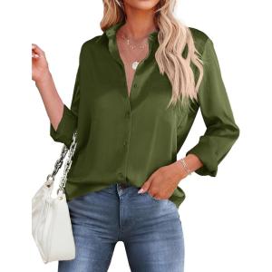 imageHOTOUCH Womens Satin Silk Shirts Button Down V Neck Dressy Casual Blouse Loose Long Sleeve Office Work Tunic TopsOlive Green