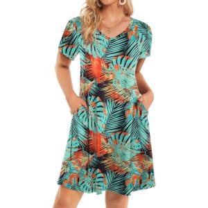 imageHOTOUCH Womens Summer Floral Beach V Neck Dresses Short Sleeve T Shirt Sundresses with Pockets 2025 Hawaiian VacationA02pa116