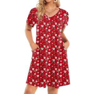 imageHOTOUCH Womens Summer Floral Beach V Neck Dresses Short Sleeve T Shirt Sundresses with Pockets 2025 Hawaiian VacationA04xh235