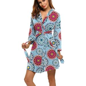 imageHOTOUCH Womens Robe Lightweight Short Knit Bathrobe Soft Ladies Sleepwear with PocketsPrint Mandala