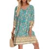 imageHOTOUCH Women Casual Beach Summer Dress Boho Tassel Tie Neck 34 Long Sleeve Short Floral Print Flowy Cover Up Sundresses03 Green