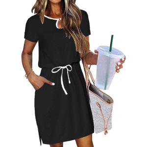 imageHOTOUCH Dresses for Women 2025 Summer Casual Beach Sundress Short Sleeve Shift Dress O Neck TShirt Dress with PocketsBlack