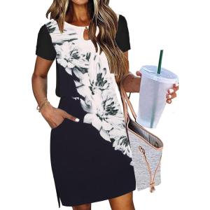 imageHOTOUCH Dresses for Women 2025 Summer Casual Beach Sundress Short Sleeve Shift Dress O Neck TShirt Dress with PocketsFloral 01