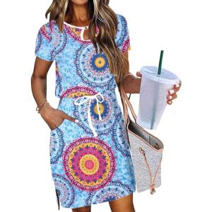 imageHOTOUCH Dresses for Women 2025 Summer Casual Beach Sundress Short Sleeve Shift Dress O Neck TShirt Dress with PocketsFloral 03