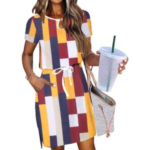 imageHOTOUCH Dresses for Women 2025 Summer Casual Beach Sundress Short Sleeve Shift Dress O Neck TShirt Dress with PocketsGeo 01