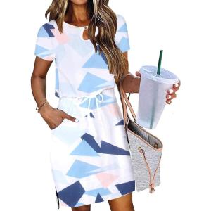 imageHOTOUCH Dresses for Women 2025 Summer Casual Beach Sundress Short Sleeve Shift Dress O Neck TShirt Dress with PocketsGeo 02