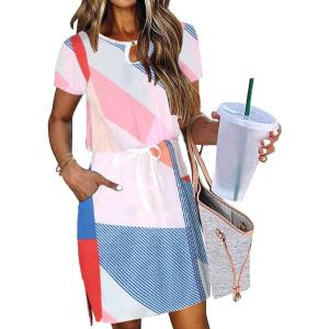 imageHOTOUCH Dresses for Women 2025 Summer Casual Beach Sundress Short Sleeve Shift Dress O Neck TShirt Dress with PocketsGeo 04