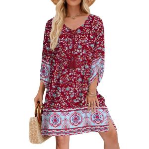 imageHOTOUCH Women Casual Beach Summer Dress Boho Tassel Tie Neck 34 Long Sleeve Short Floral Print Flowy Cover Up Sundresses02 Red