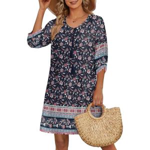 imageHOTOUCH Women Casual Beach Summer Dress Boho Tassel Tie Neck 34 Long Sleeve Short Floral Print Flowy Cover Up SundressesNavy Blue