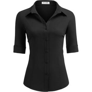 imageHOTOUCH Womens Basic Button Down Shirts 34 Sleeve Stretch Button Up Dress Shirt Slim Fit Waitress Work ShirtsBlack