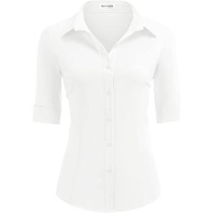 imageHOTOUCH Womens Basic Button Down Shirts 34 Sleeve Stretch Button Up Dress Shirt Slim Fit Waitress Work ShirtsWhite