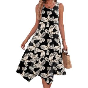 imageHOTOUCH Womens Casual Summer Dress Sleeveless Sundress Hankerchief Hem Midi Tank Dresses Beach Dress with PocketsLeaf Floral