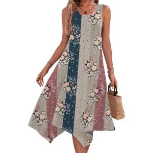 imageHOTOUCH Womens Casual Summer Dress Sleeveless Sundress Hankerchief Hem Midi Tank Dresses Beach Dress with PocketsStripe Floral