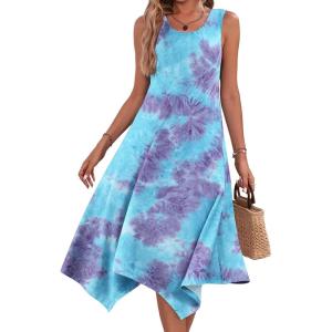 imageHOTOUCH Womens Casual Summer Dress Sleeveless Sundress Hankerchief Hem Midi Tank Dresses Beach Dress with PocketsTiedye