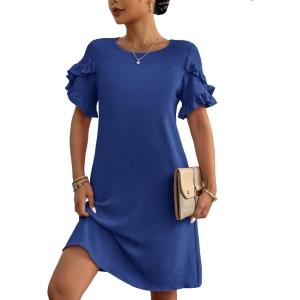 imageHOTOUCH Womens Summer Dress 2025 Short Sleeve ALine Mini Dress Casual Crew Neck Shift Dress Beach Sundress with PocketsBlue