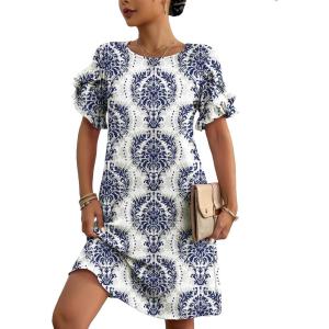imageHOTOUCH Womens Summer Dress 2025 Short Sleeve ALine Mini Dress Casual Crew Neck Shift Dress Beach Sundress with PocketsBlue Floral