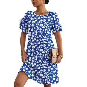 imageHOTOUCH Womens Summer Dress 2025 Short Sleeve ALine Mini Dress Casual Crew Neck Shift Dress Beach Sundress with PocketsBlue White Floral