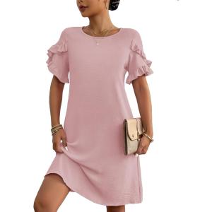 imageHOTOUCH Womens Summer Dress 2025 Short Sleeve ALine Mini Dress Casual Crew Neck Shift Dress Beach Sundress with PocketsLight Pink