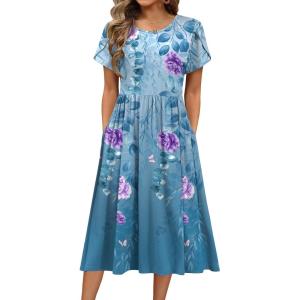 imageHOTOUCH Womens Summer Short Sleeve ALine Midi Dresses Casual Floral TShirt Dress Flowy Beach Sundress with PocketsBlue Purple Floral