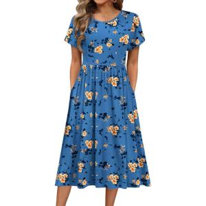 imageHOTOUCH Womens Summer Short Sleeve ALine Midi Dresses Casual Floral TShirt Dress Flowy Beach Sundress with PocketsBlue Yellow Floral