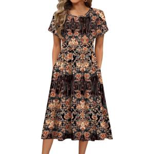 imageHOTOUCH Womens Summer Short Sleeve ALine Midi Dresses Casual Floral TShirt Dress Flowy Beach Sundress with PocketsBrown Floral