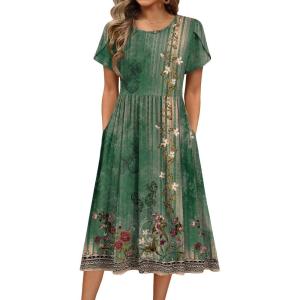 imageHOTOUCH Womens Summer Short Sleeve ALine Midi Dresses Casual Floral TShirt Dress Flowy Beach Sundress with PocketsGreen Print Floral