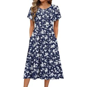 imageHOTOUCH Womens Summer Short Sleeve ALine Midi Dresses Casual Floral TShirt Dress Flowy Beach Sundress with PocketsNavy Blue White Floral
