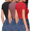 imageHOTOUCH Deep V Neck Tops for Women Sexy Low Cut Summer Ribbed Knit T Shirts Slim Fit Stretchy Basic Fashion Tee3 PackblackFuchisaRed