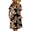imageHOTOUCH Womens Summer Shirt Dress Short Sleeve Floral Shift Dresses Casual Loose Flowy Beach Sundress with PocketsBlack Khaki Leaves